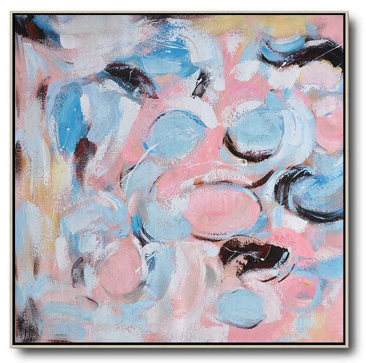 Oversized Contemporary Art,Acrylic Painting On Canvas,Blue,Pink,White